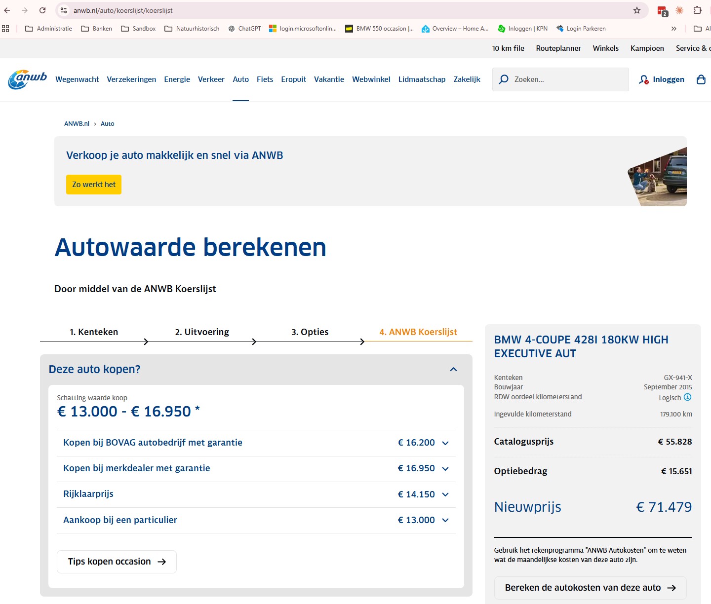 ANWB Koerslijst-taxatie voor deze BMW 428i (kenteken GX-941-X, 179.100 km): waarde € 13.000 tot € 16.950, aankoop bij een particulier € 13.000